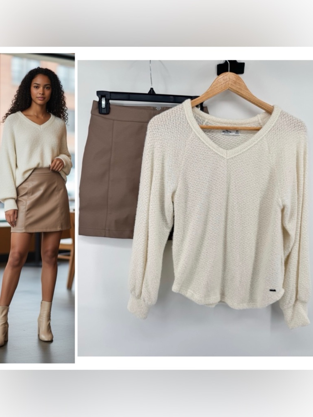 Hollister Cream Textured Sweater  Forever 21 Faux Leather Mini Skirt Bundle SzXS